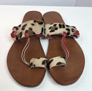luichiny red leopard print calf hair leather flat sandals thong toe wms size 7
